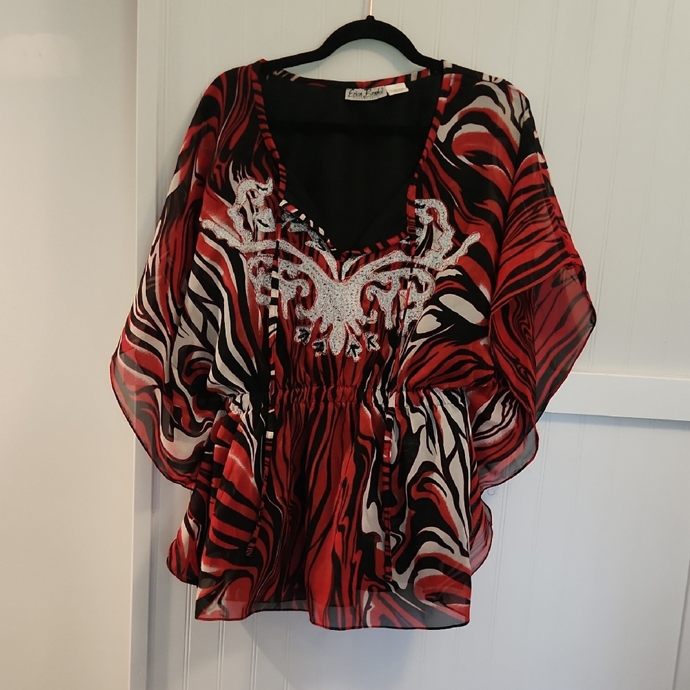 Red and Black Graphic Blouse with Dolman Sleeves